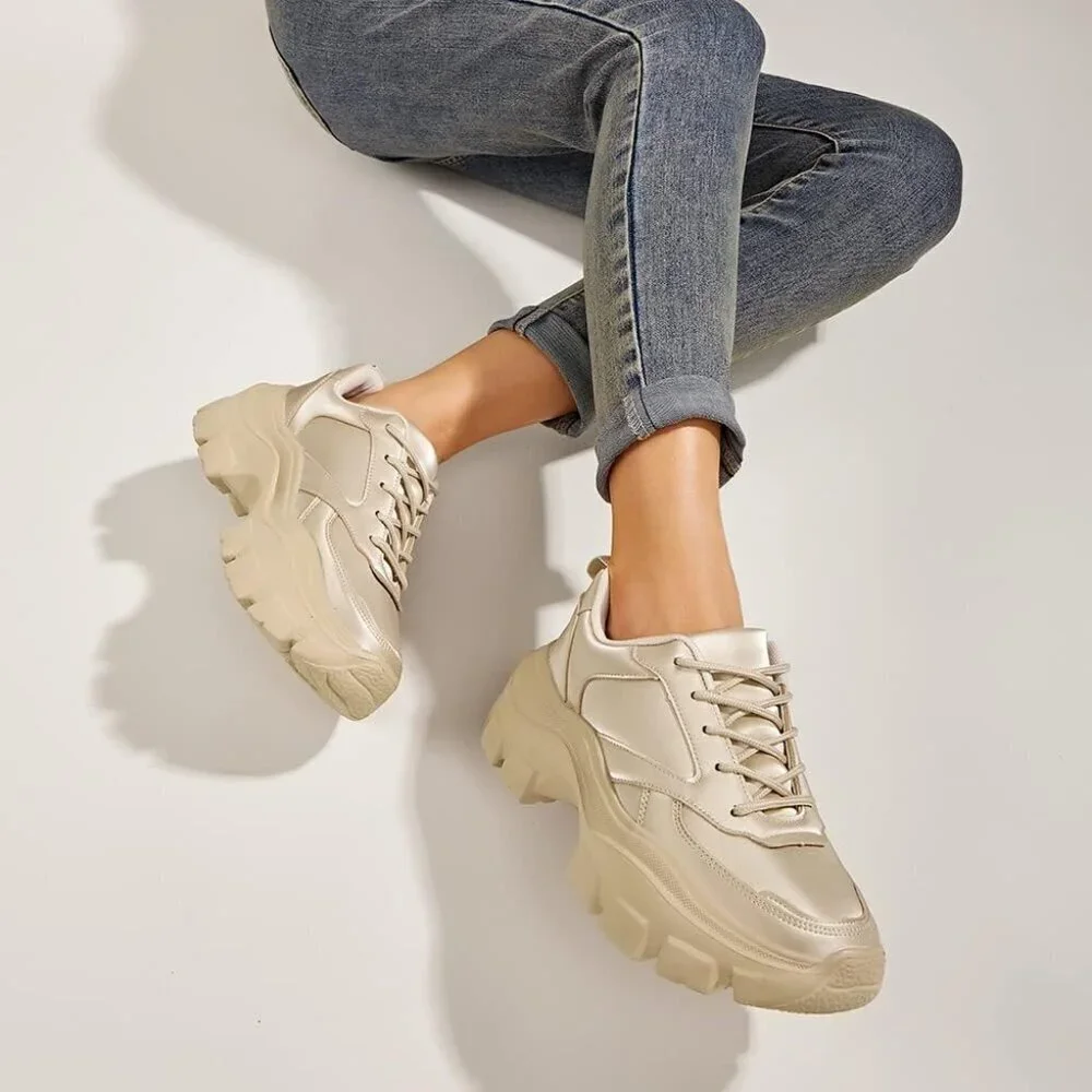 Women Rose Gold Platform Fuchsia Hologram Casual Lace-Up Sneakers